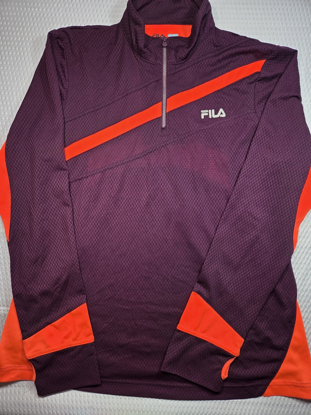 FILA Womens Burgundy Quarter-Zip Pullover with Neon Orange Accents L